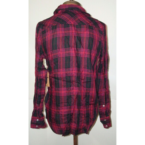 New Womens Designer True Religion S Plaid Top Logo Black Red NWT Long Snap Front - Picture 4 of 5